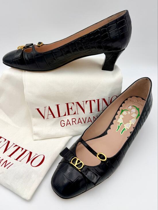Valentino Garavani Shoes - Valentino VLogo Mary Jane Pumps Embossed Black Leather Size 38 / 8 Bow Buckle
